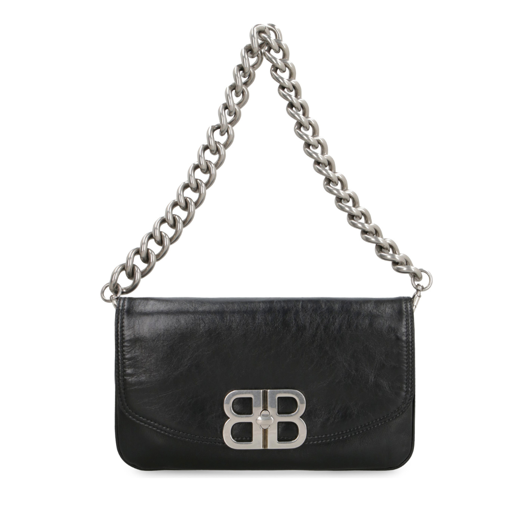 BB Logo Soft Leather Shoulder Bag, Silver Hardware