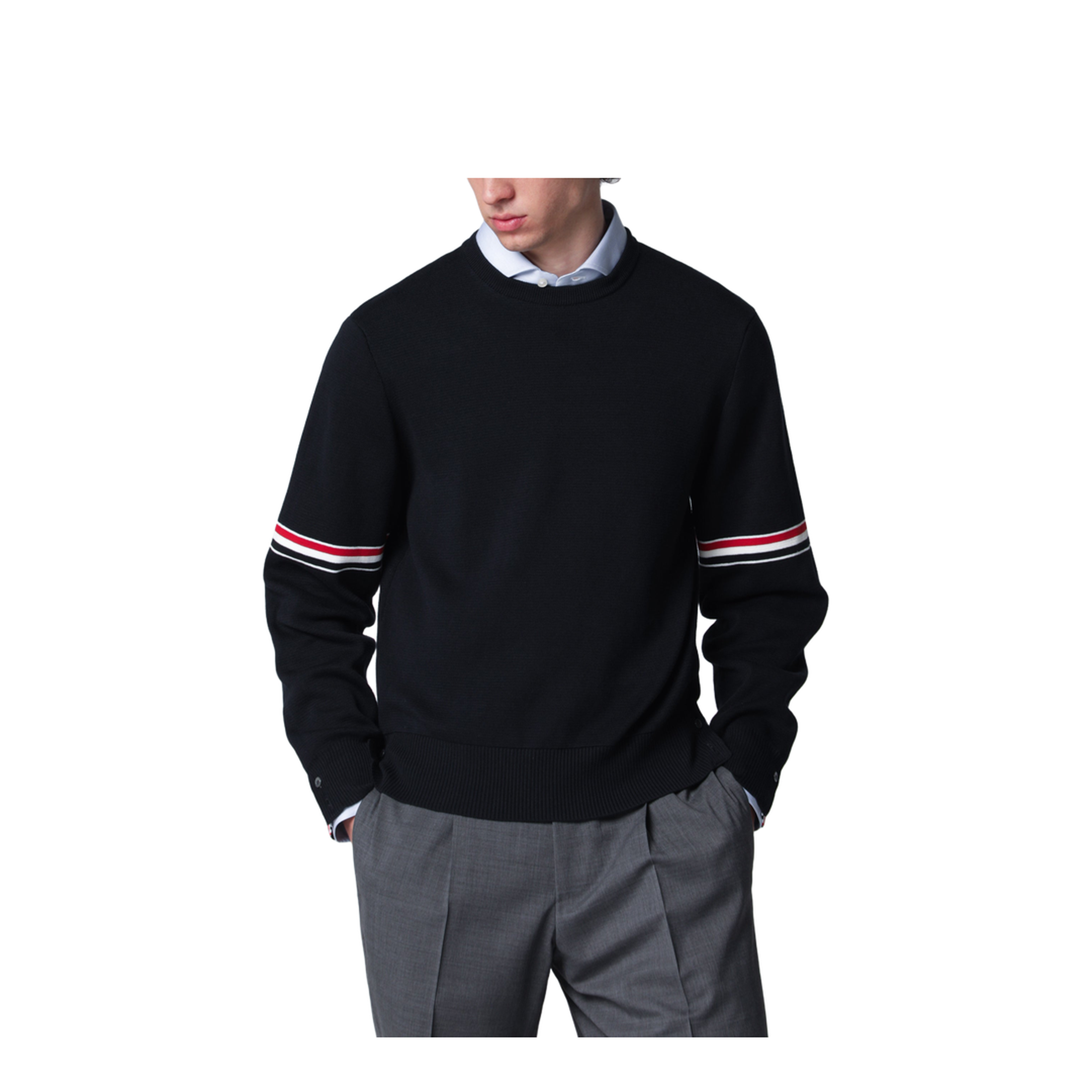MAYFEYR - Thom Browne - Navy Blue Cotton Sweater With Tricolor Details - MKA326AY3001415