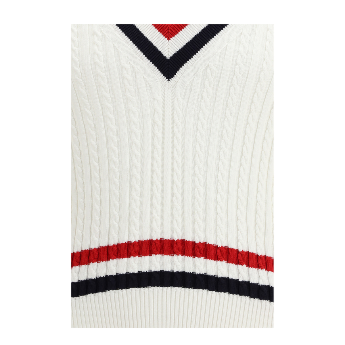 MAYFEYR - Thom Browne - Intarsia Cable Knit V Neck Sweater - MKA581AY3014100