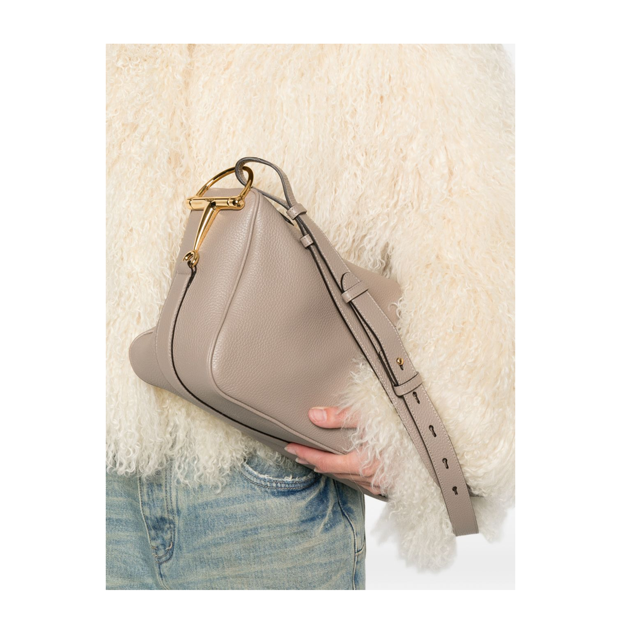 Half Horsebit Large Soft Grain Shoulder Bag - Taupe