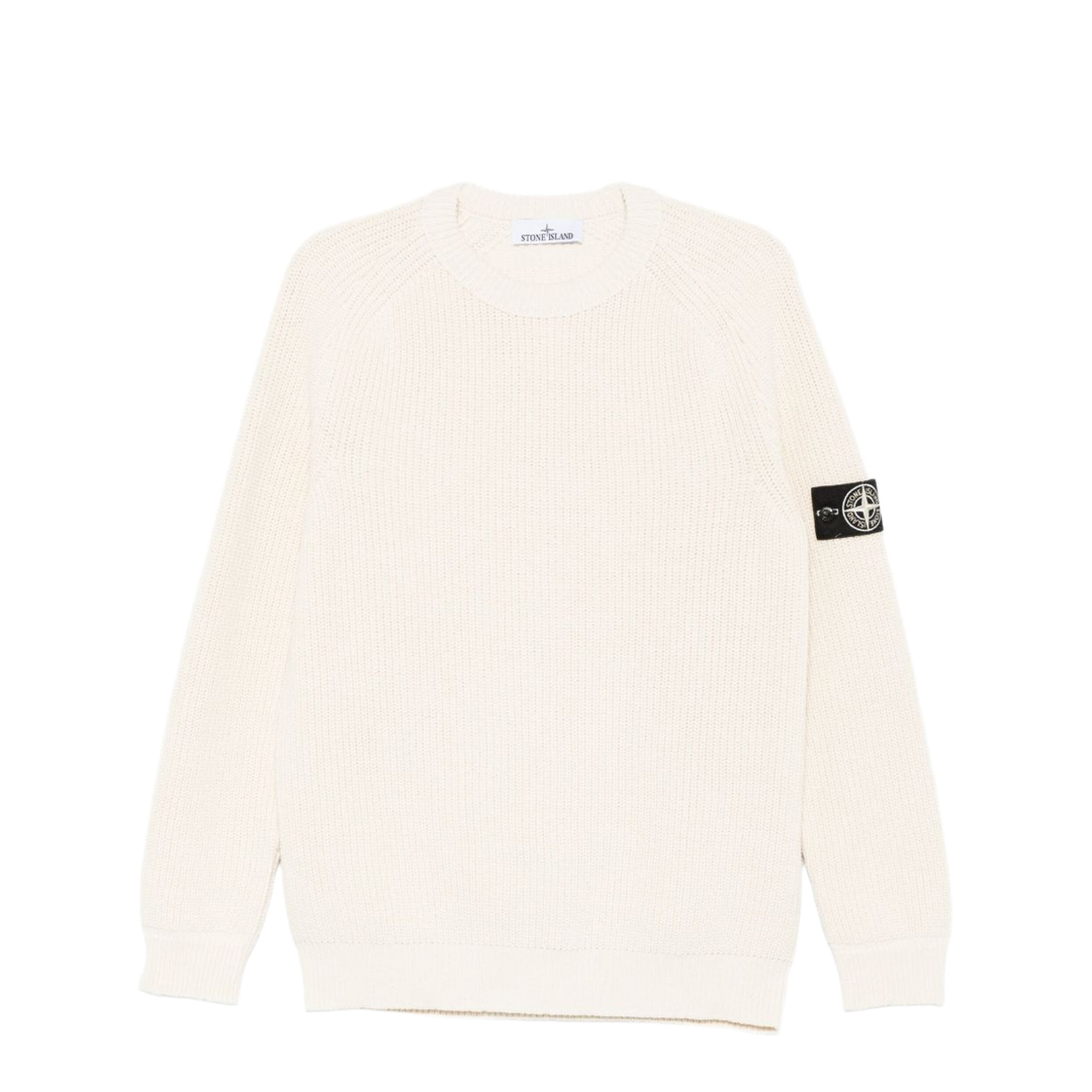 Beige Ribbed Knit Crew Neck Long Sleeves Compass Badge Cotton