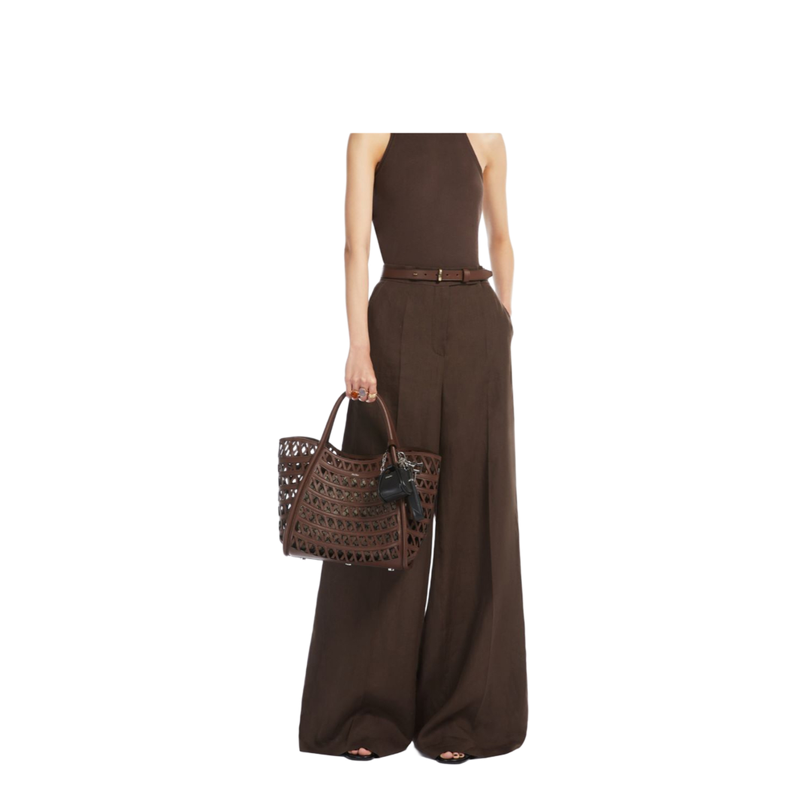 Woven Leather Small Marine Bag Dark Brown