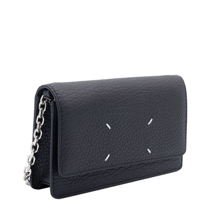 Four Stitches Medium Grainy Calf Leather Chain Wallet - Black