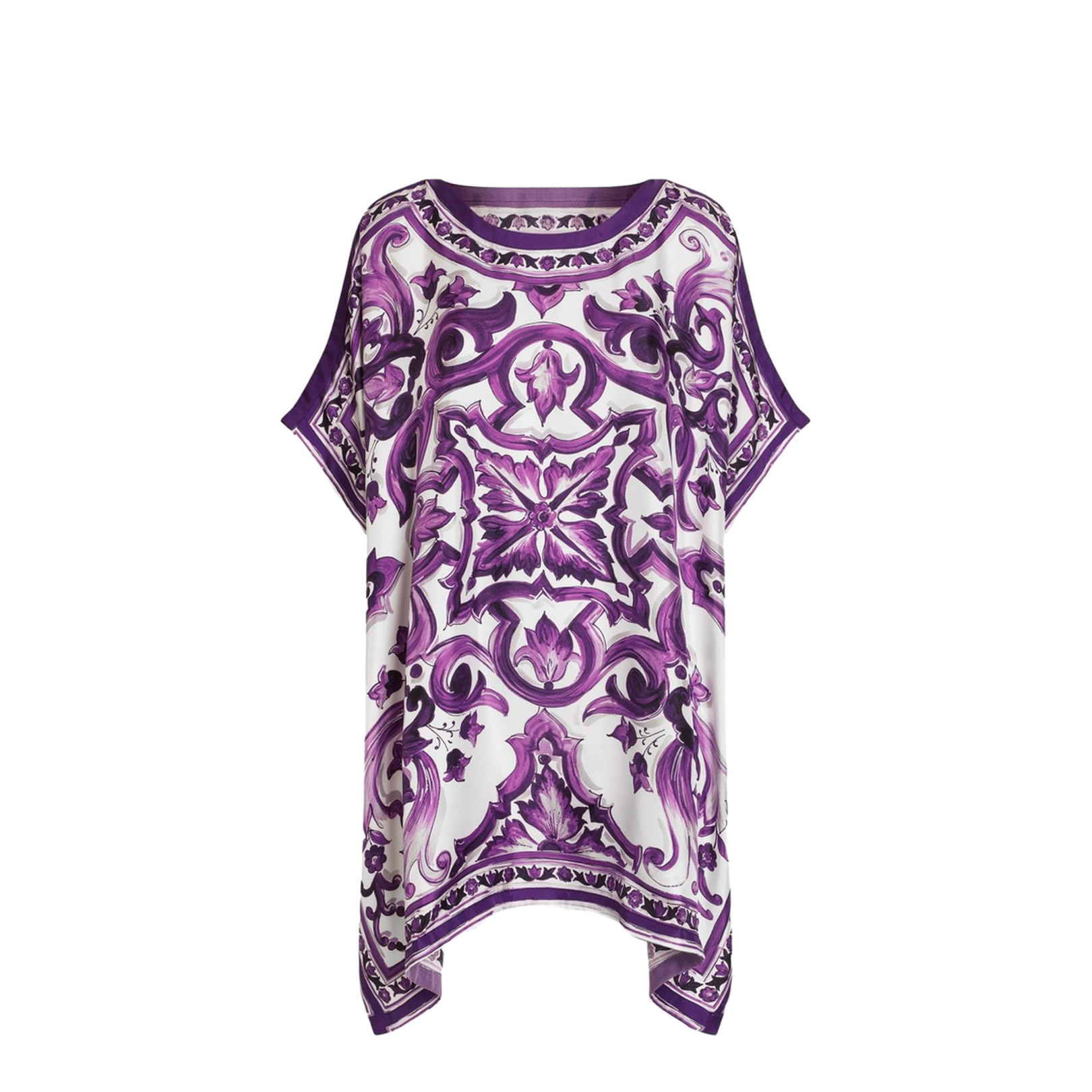 Lavender Purple Round Neck Short Sleeves Flared Hem Thigh-Length Dress