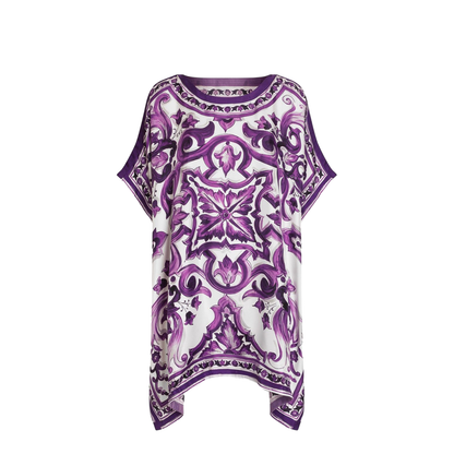 Lavender Purple Round Neck Short Sleeves Flared Hem Thigh-Length Dress