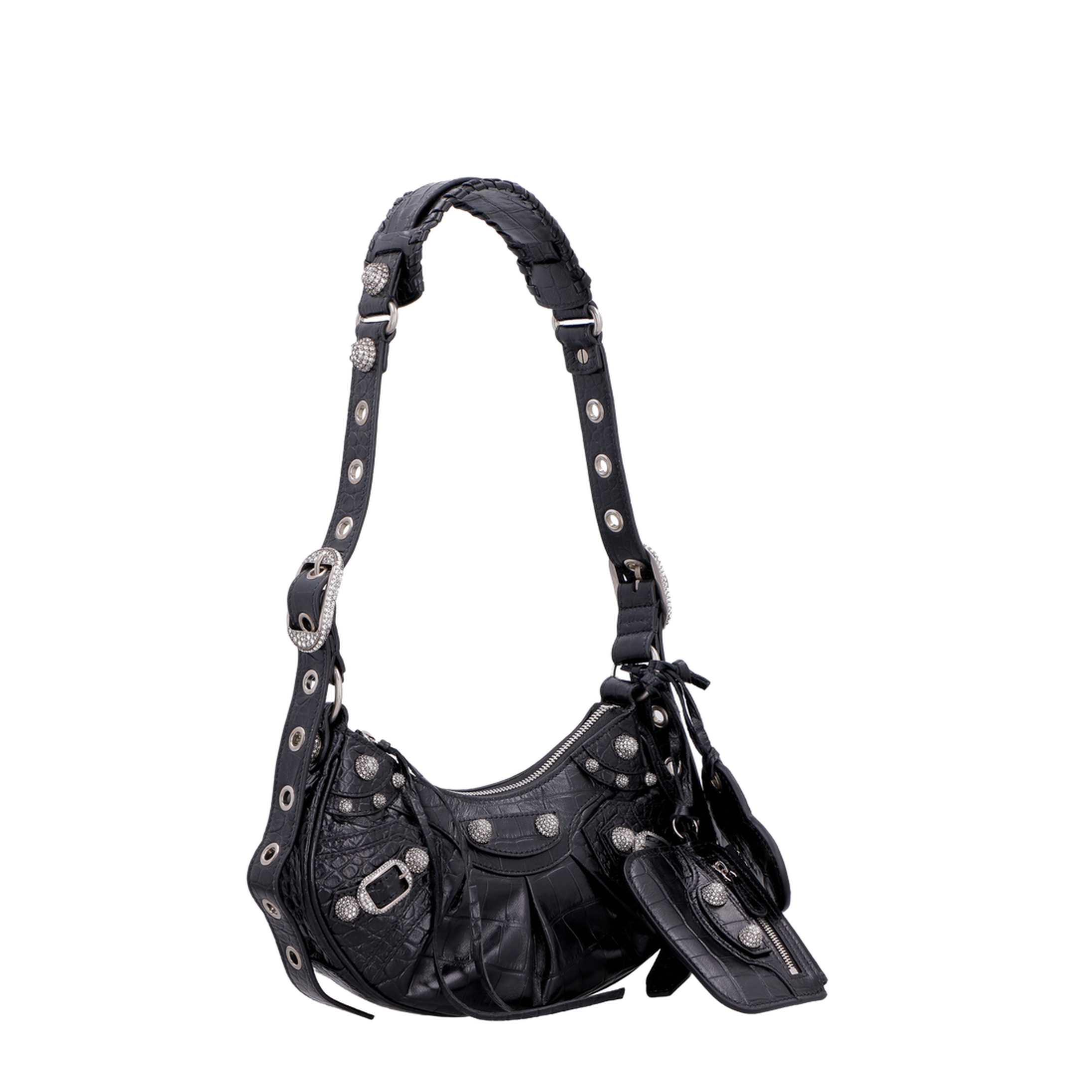 Le Cagole Xs Shoulder Bag in Black Crocodile Embossed With Rhinestones