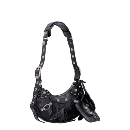 Le Cagole Xs Shoulder Bag in Black Crocodile Embossed With Rhinestones