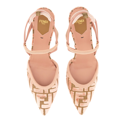 Pink Leather FF-Pattern Slingback Strap Pointed Toe Kitten Heel