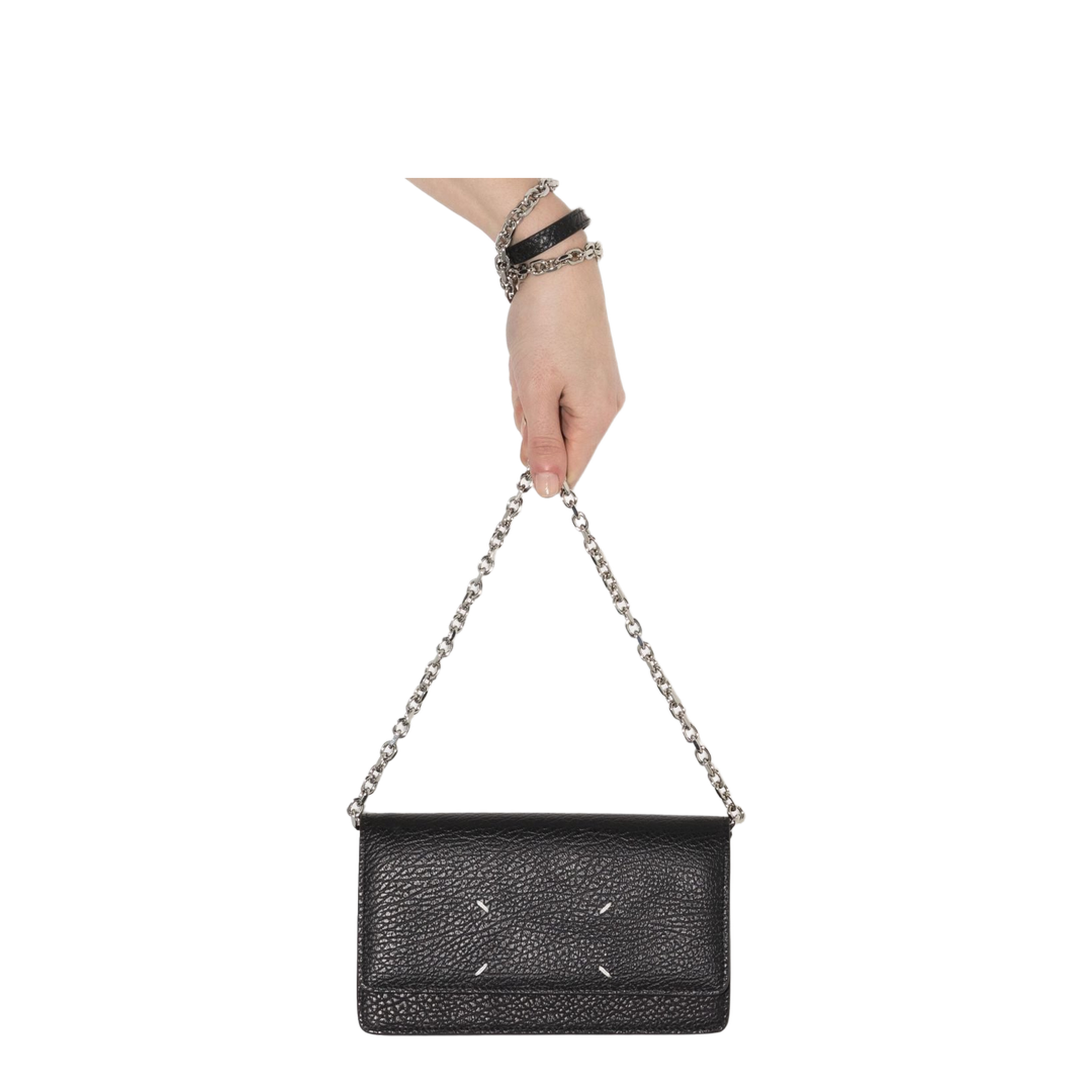Four Stitches Medium Grainy Calf Leather Chain Wallet - Black