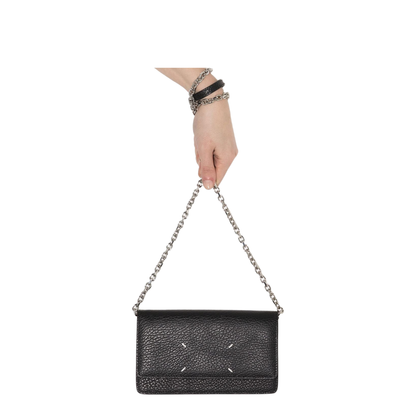 Four Stitches Medium Grainy Calf Leather Chain Wallet - Black
