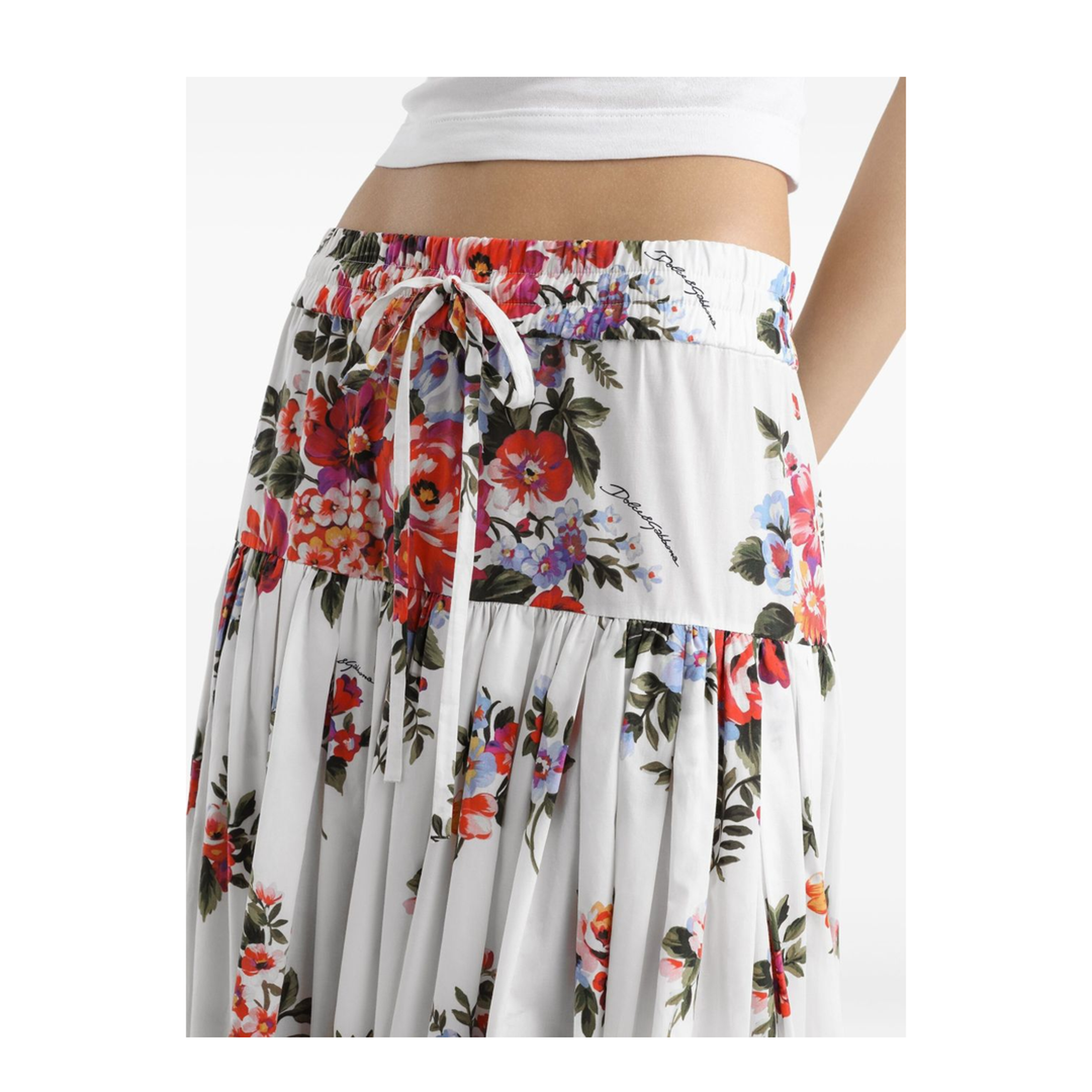 Flower Bouquet-Print Poplin Long Skirt