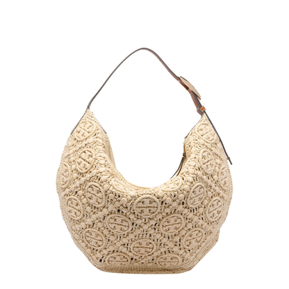 Natural Raffia T Monogram Balloon Bag