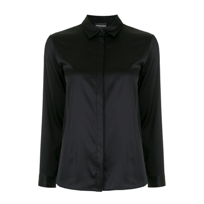 Dark Blue Stretch-Silk Long-Sleeve Silk Shirt