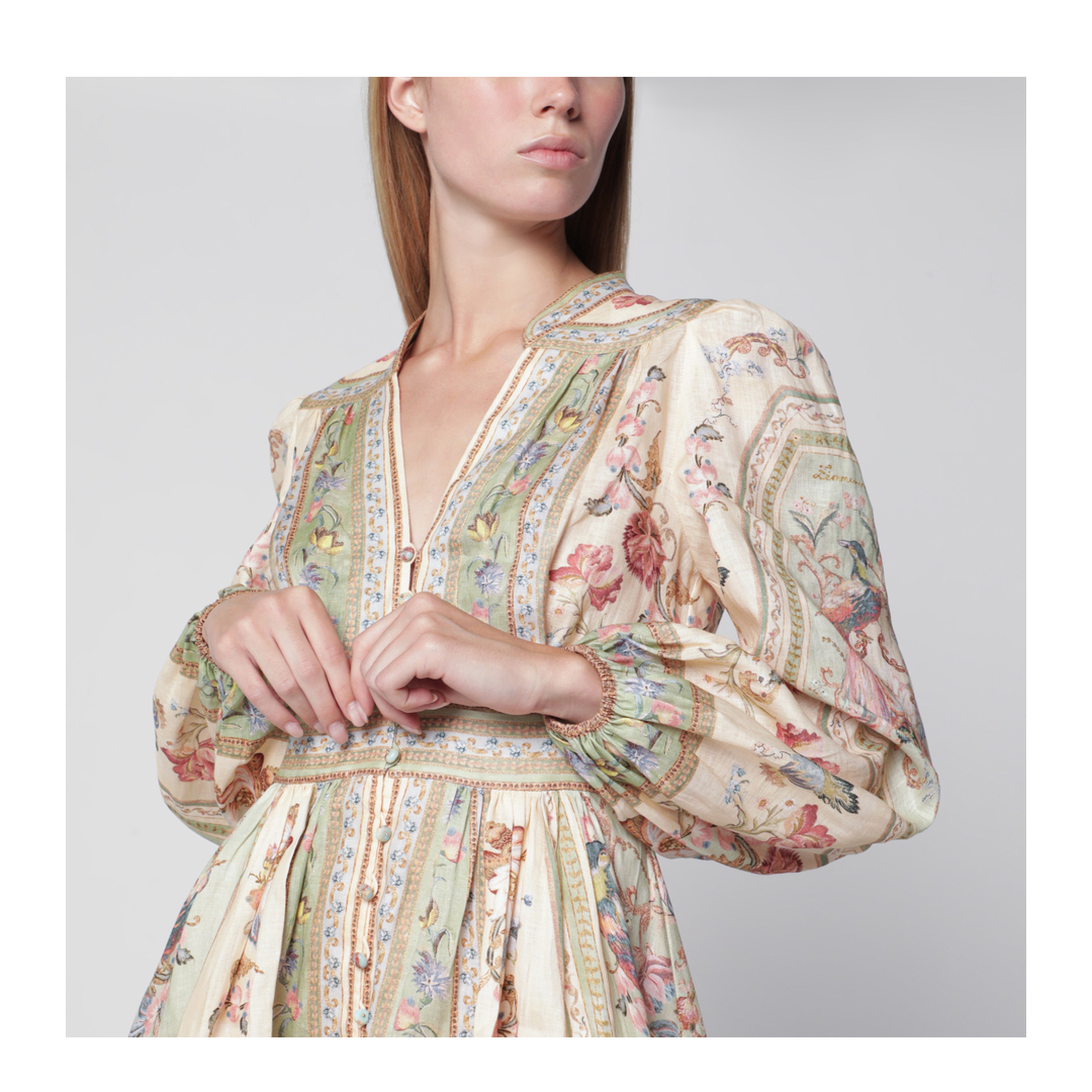MAYFEYR - Zimmermann - Roselight Mini Dress In Sage Floral Linen - 0932DSS264LIST