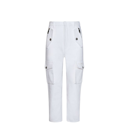 White Cargo Pants with Silver Logo Plate
