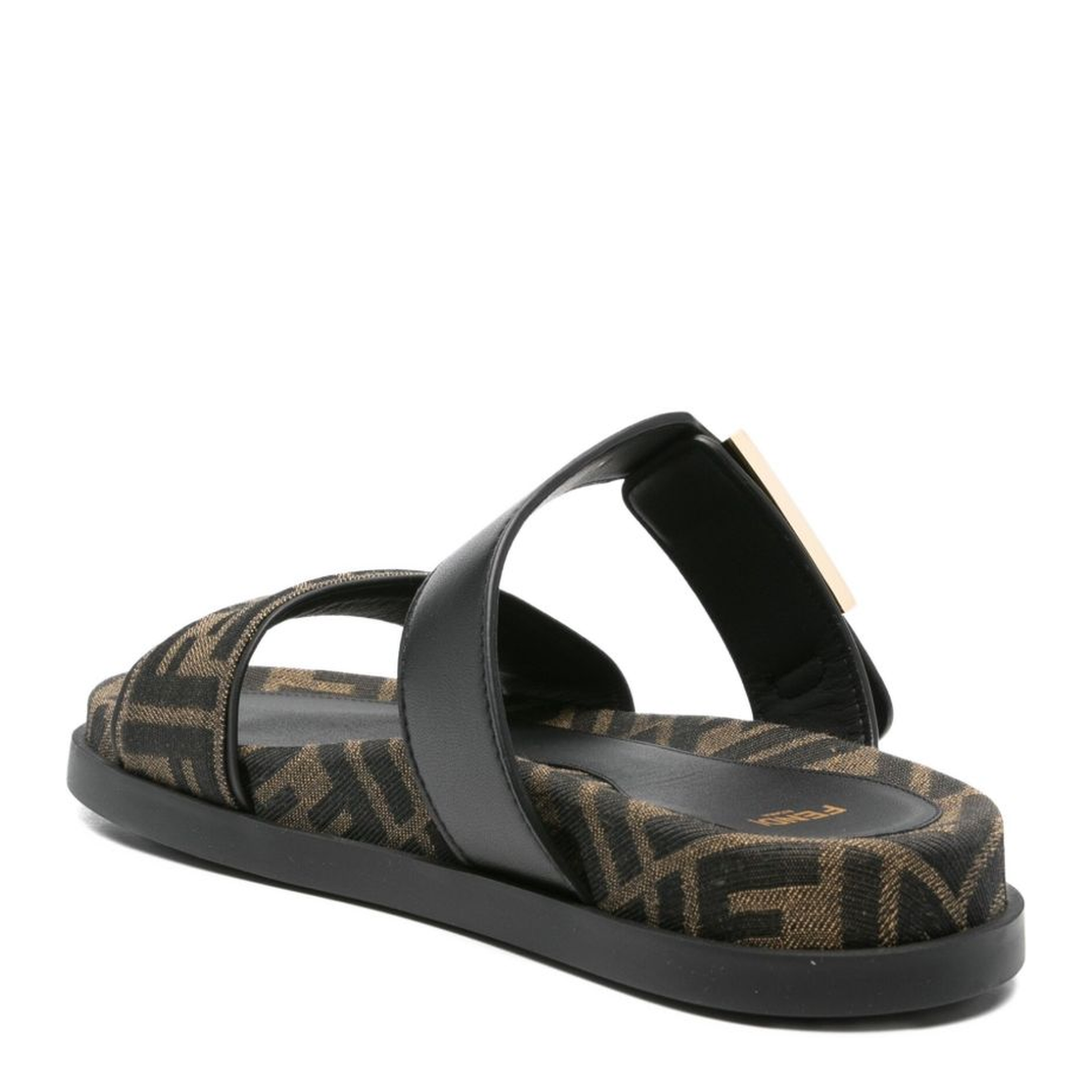 Black FF-Logo Pattern Double Strap Design Buckle Detail Flat Sole Leather Trim