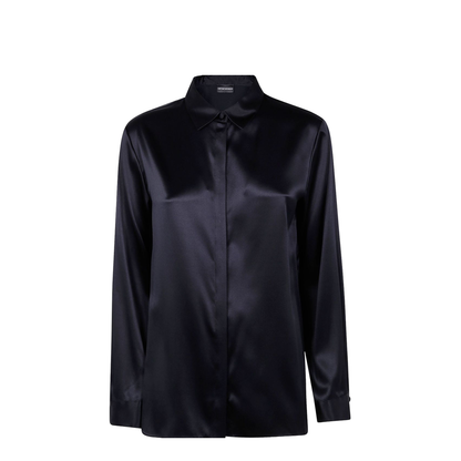 Dark Blue Stretch-Silk Long-Sleeve Shirt