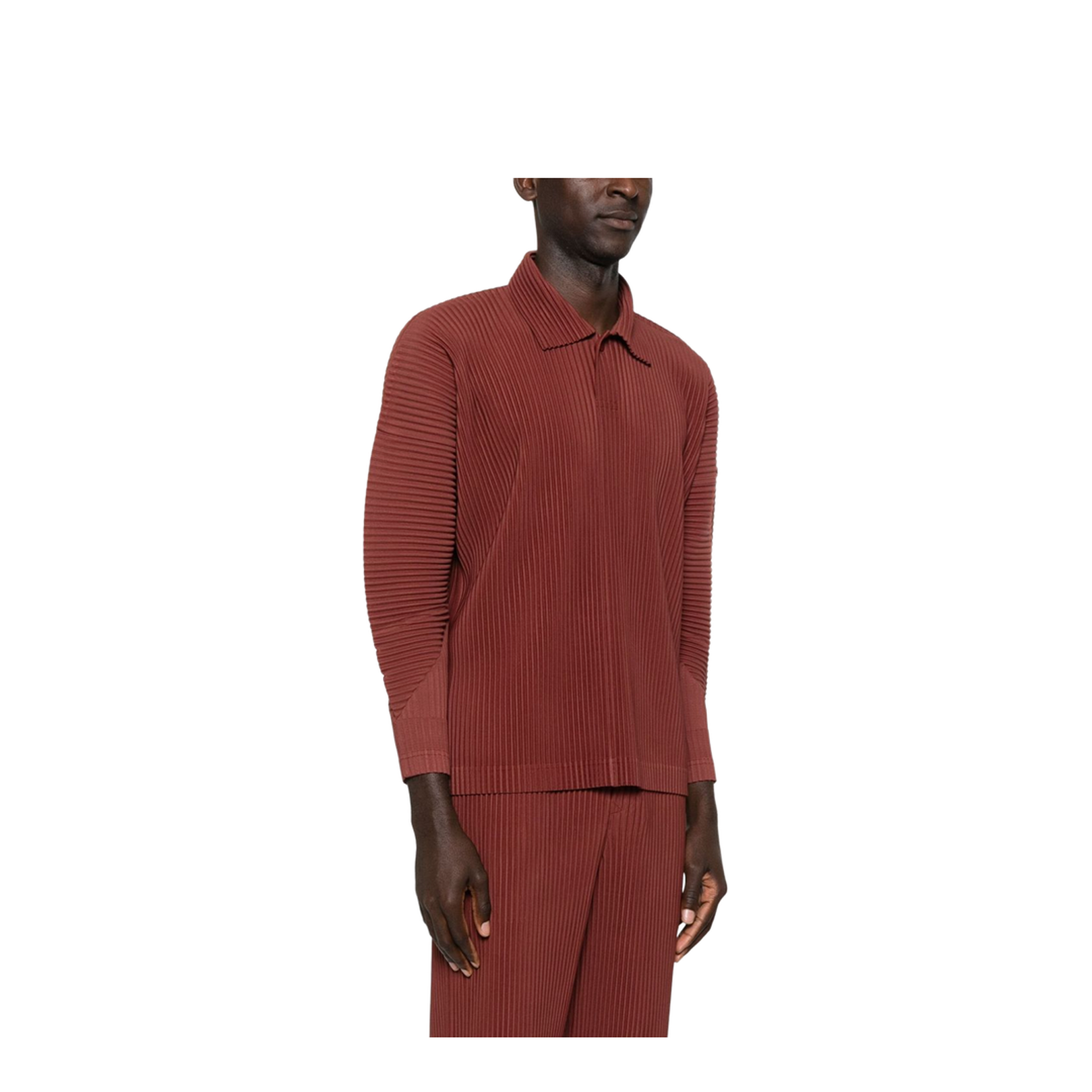 Brown Pleated Texture Collared Neck Long Sleeve Button Fastening