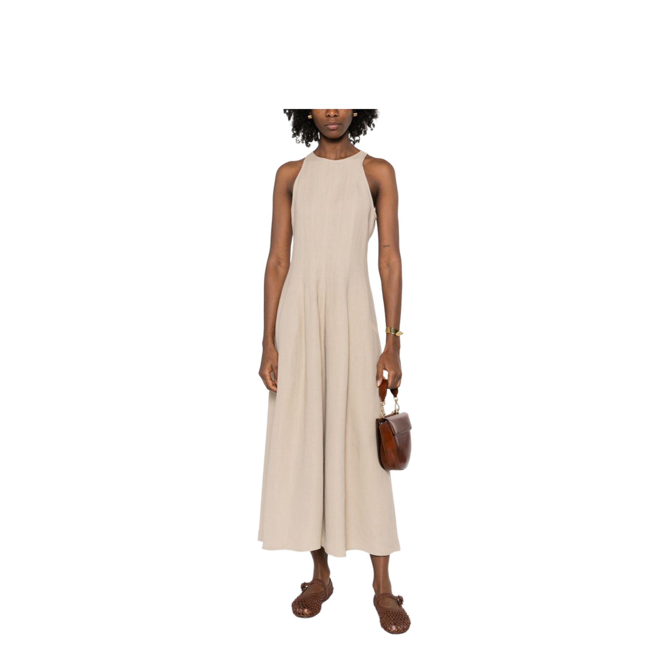 Sleeveless Panelled Midi Dress Beige
