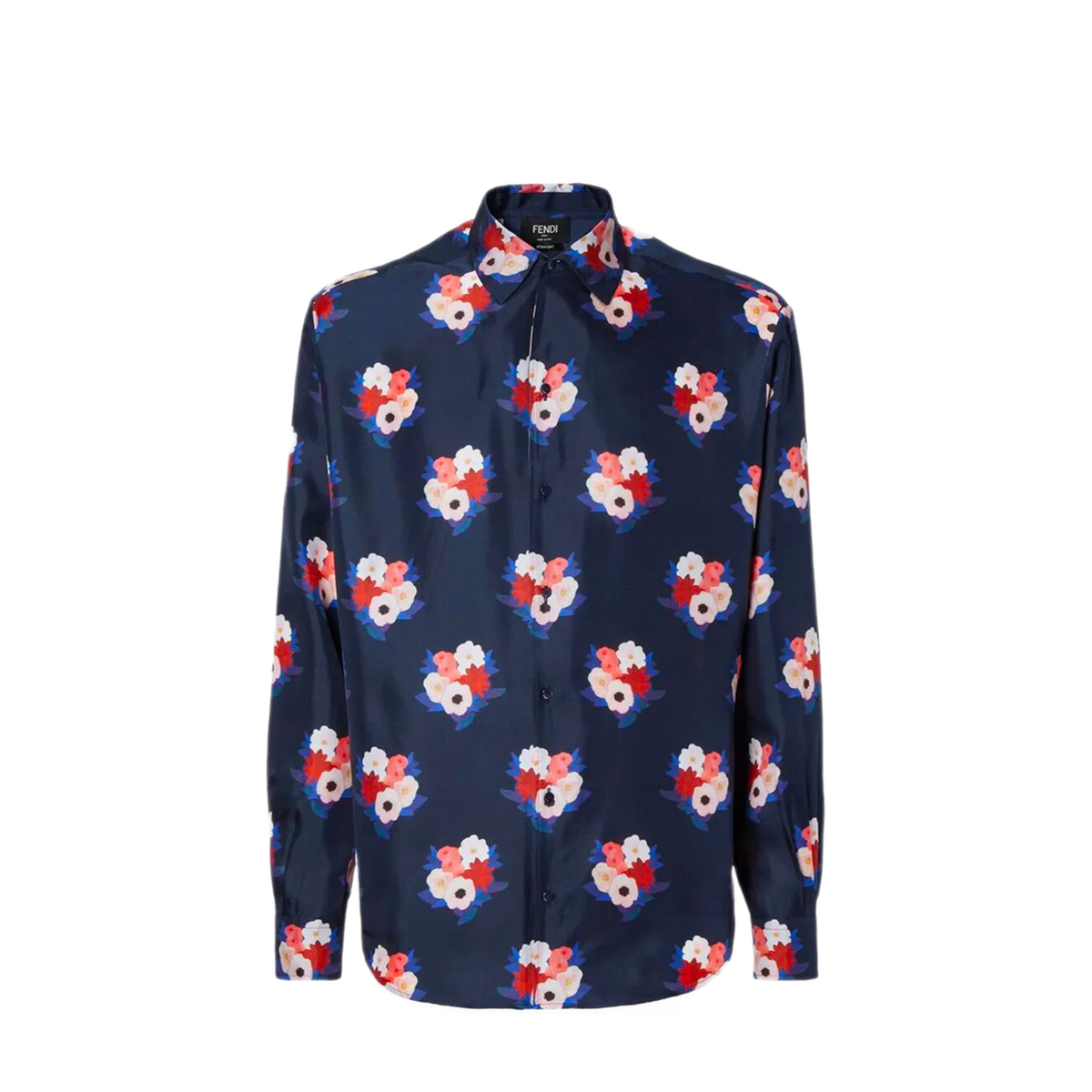 Dark Blue Satin Shirt with Floral Print