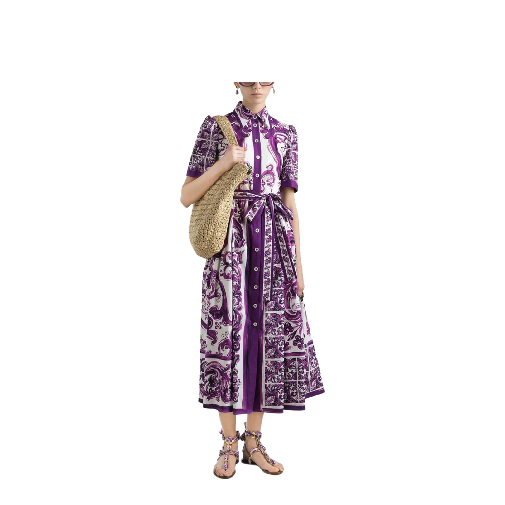 Purple Maiolica Print Cotton Shirtdress