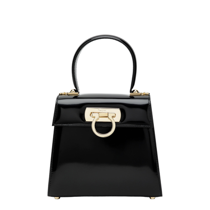 Small Black Leather Top-Handle Bag with Gancini Closure
