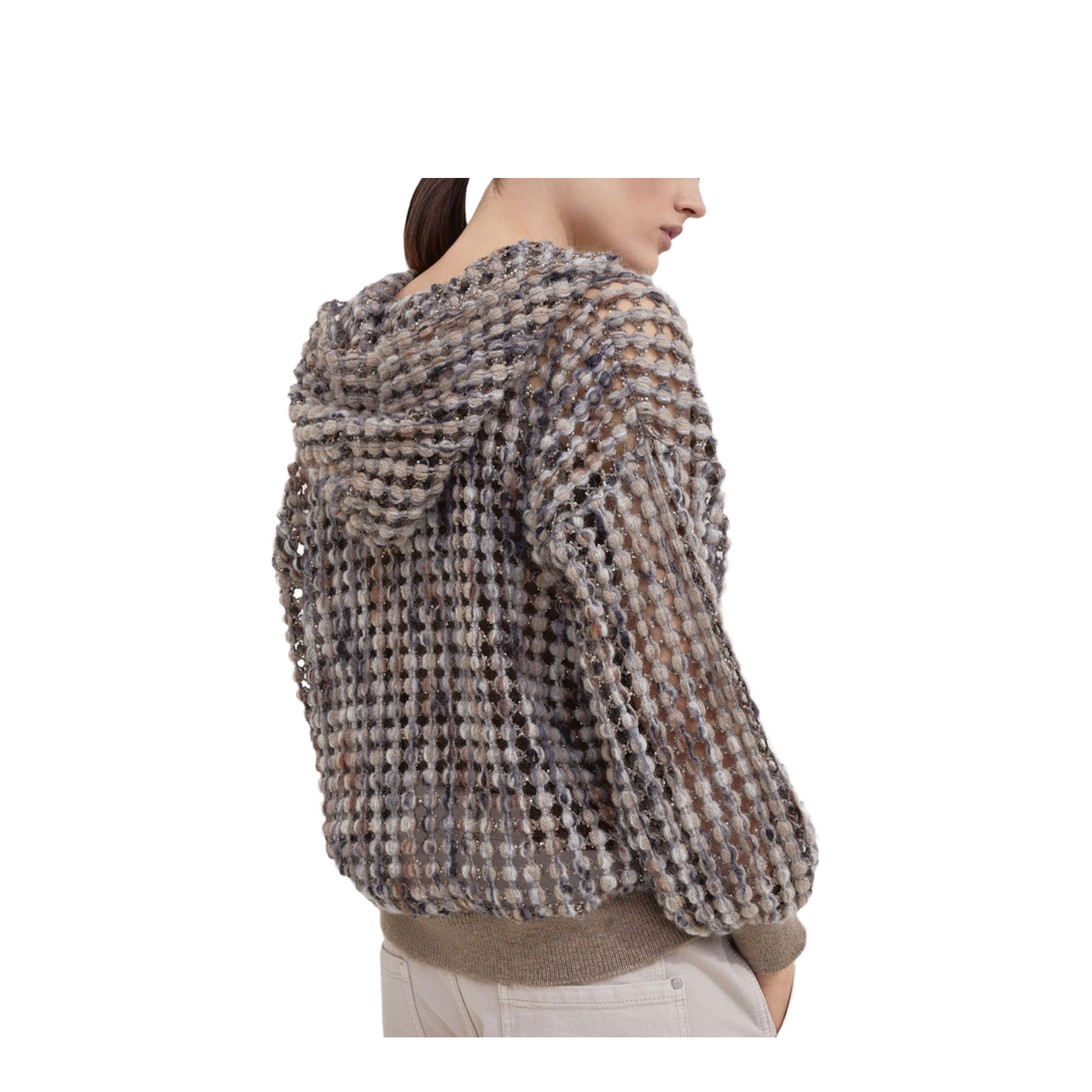 Open Knit Hooded Wool Sweater Beige
