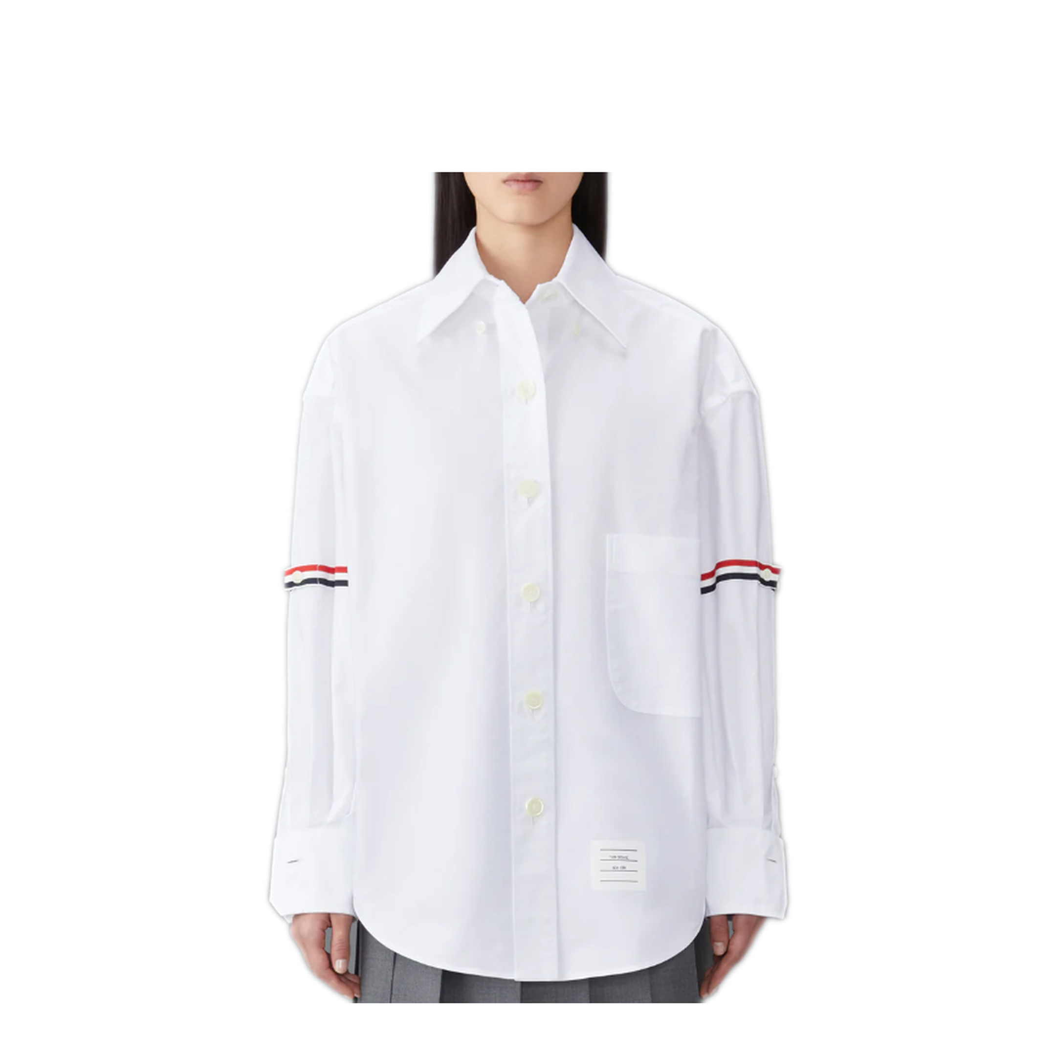 MAYFEYR - Thom Browne - Supersized Point Collar Shirt With Rwb Grosgrain Armbands In Oxford - FLL079EF0313100