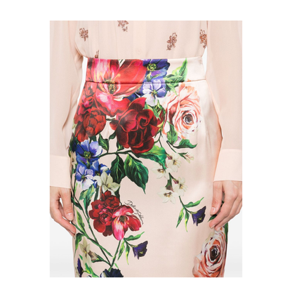 Flower Print Satin Midi Pencil Skirt