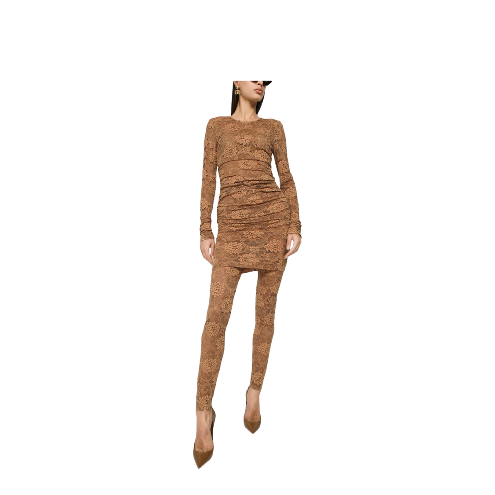 Short Floral Lace Dress in Beige