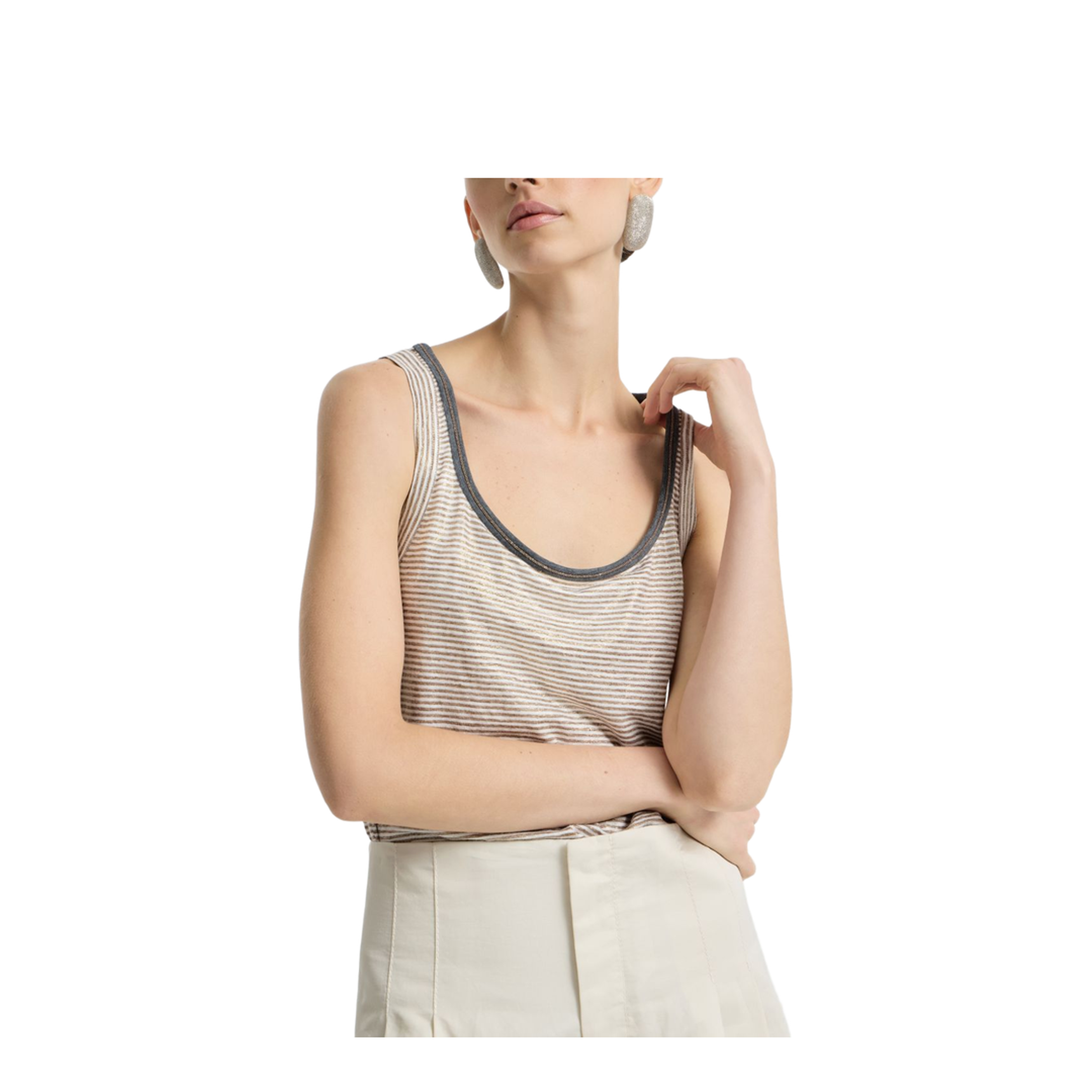 Linen Striped Crew Neck Top with Contrasting Trim and Necklace