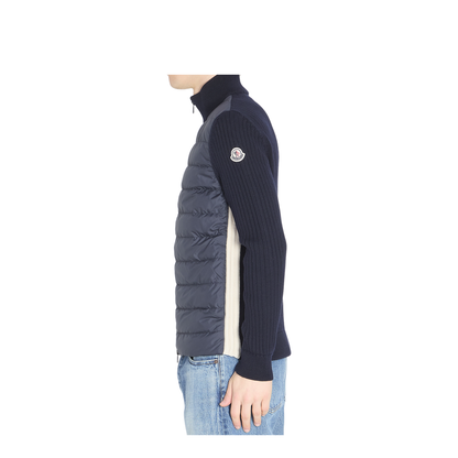 Navy Blue Padded Wool Zip-Up Cardigan