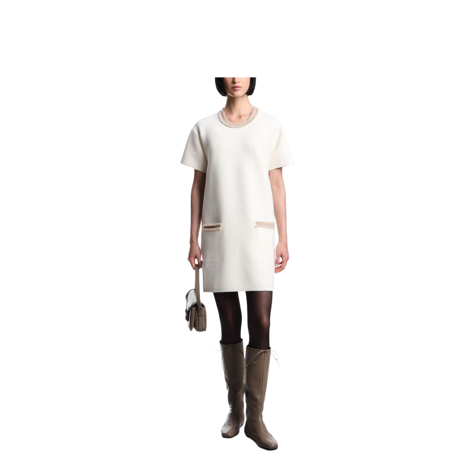 Off-White Ribbed Fringe Trim Short Dress