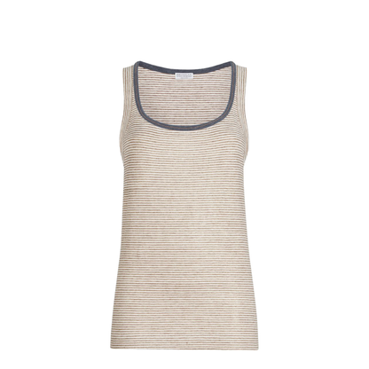 Linen Striped Crew Neck Top with Contrasting Trim and Necklace