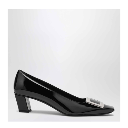 black calfskin pumps with buckle and wide heel