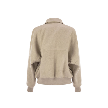 Double Cashmere And Wool Cloth Bomber Jacket With Shiny Zipper Pull In Neutral