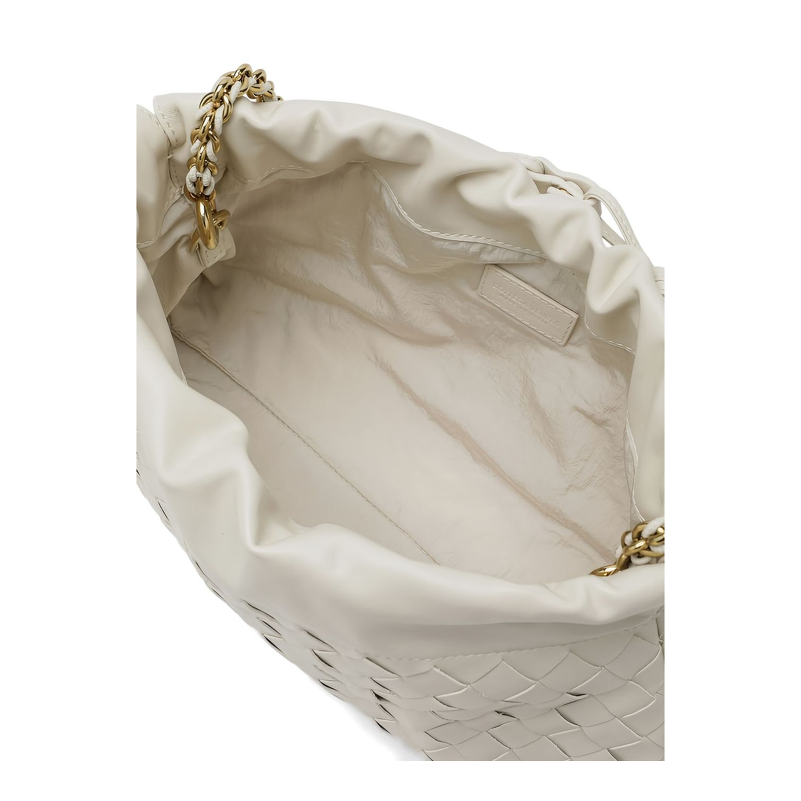 Off-White Leather Woven Design Drawstring Closure Chain-Link Shoulder Strap Gold-Tone Hardware
