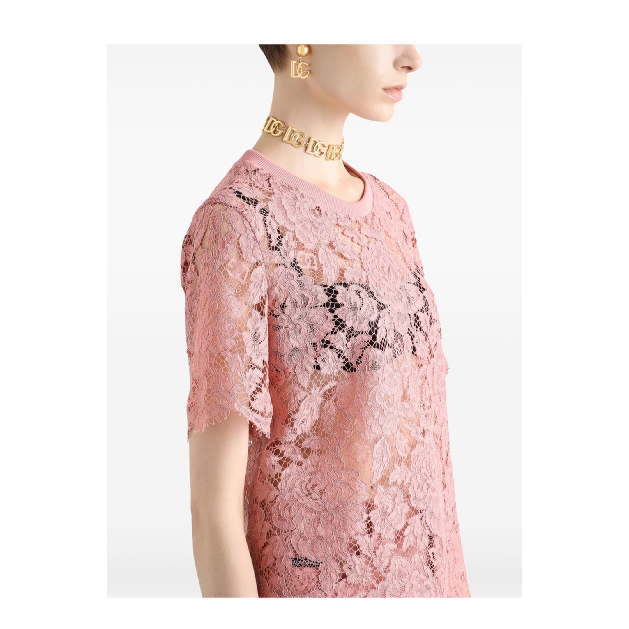 Short-sleeved Cordonetto Lace T-shirt in Pink