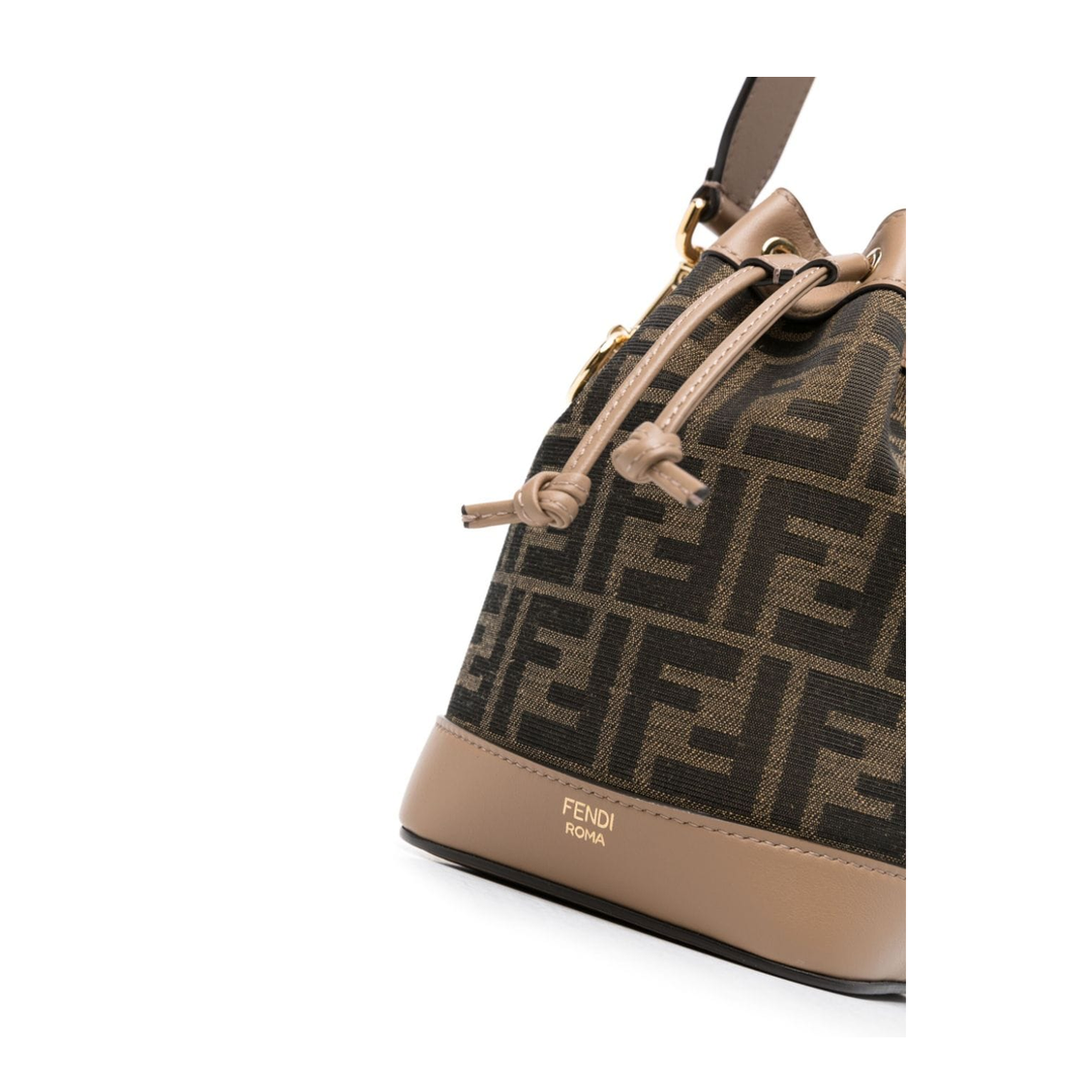 Brown Beige Canvas Leather Trim Drawstring Bag