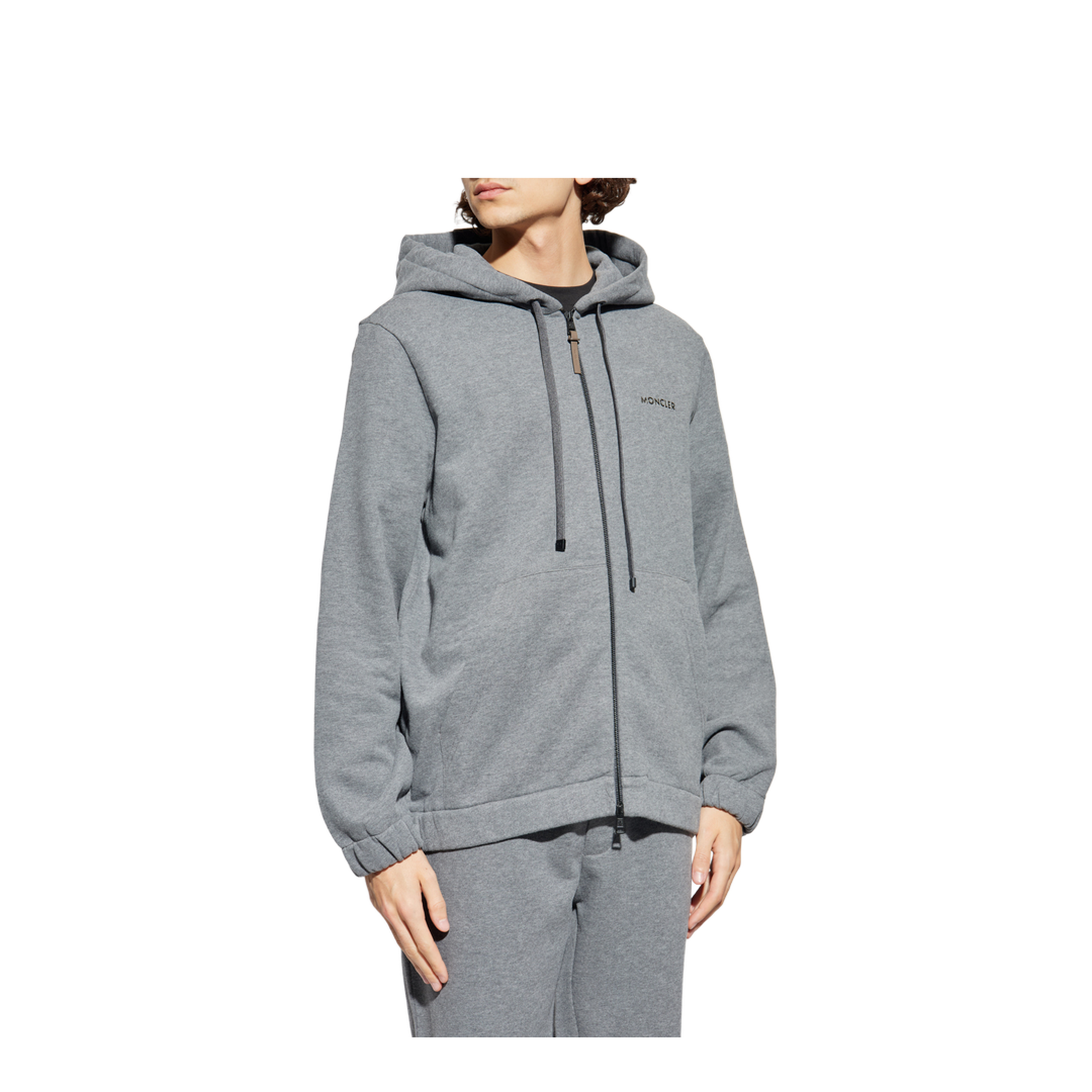 Dark Gray Leather Logo Cotton Blend Zip-Up Hoodie