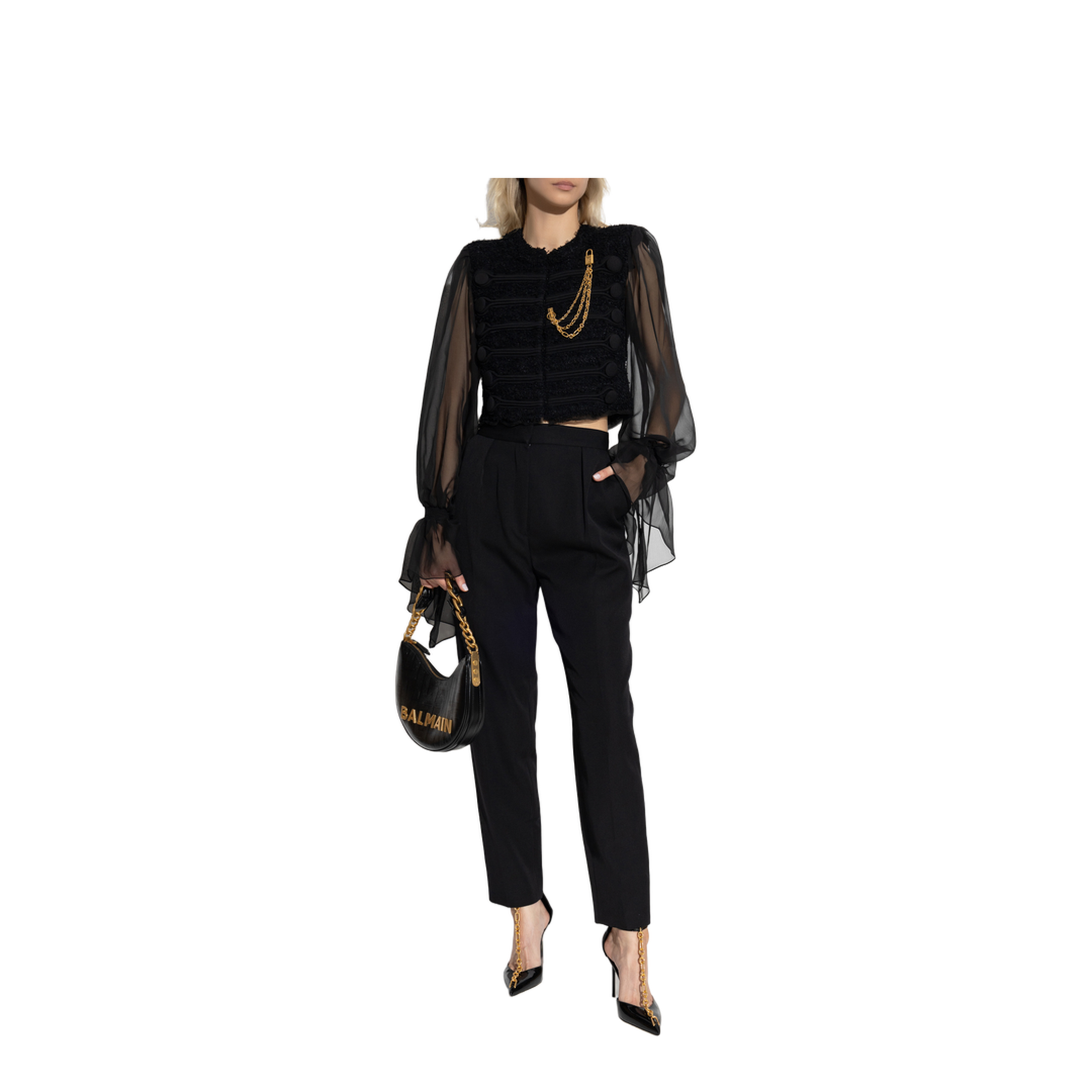 Edge-to-edge Tweed and Chiffon Jacket Black