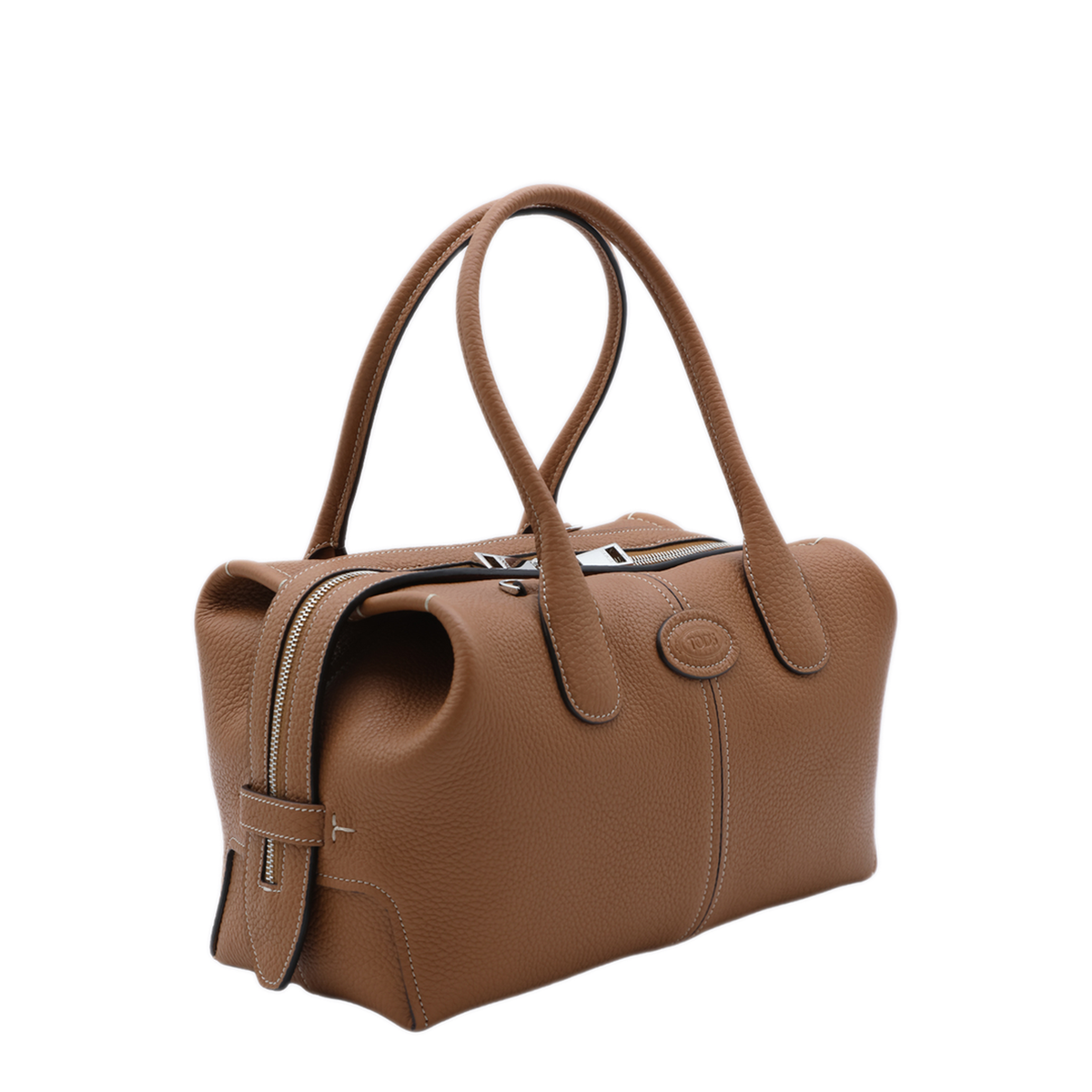 Small Tumbled Calf Leather Boston Bag - Brown