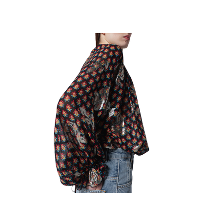Black Silk Shirt with Fil Coupé Roses