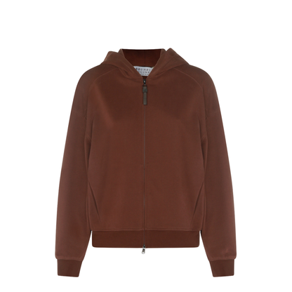 Hooded Smooth Cotton Sweatshirt With Shiny Zipper Pull