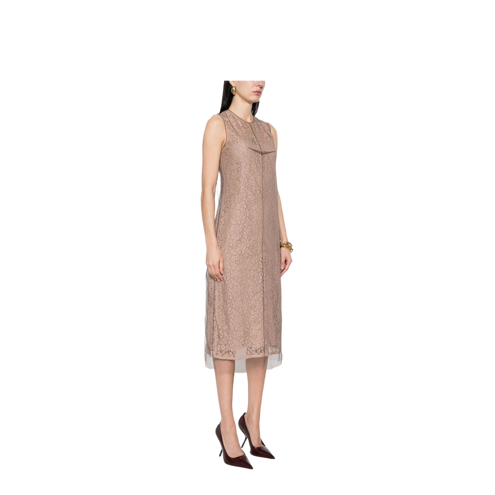 Concealed Rear Hook and Zip Fastening Internal Slip Dress with Tulle Overlay and Rear Slit