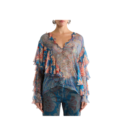 Floral Print Ruffles Chiffon Blouse