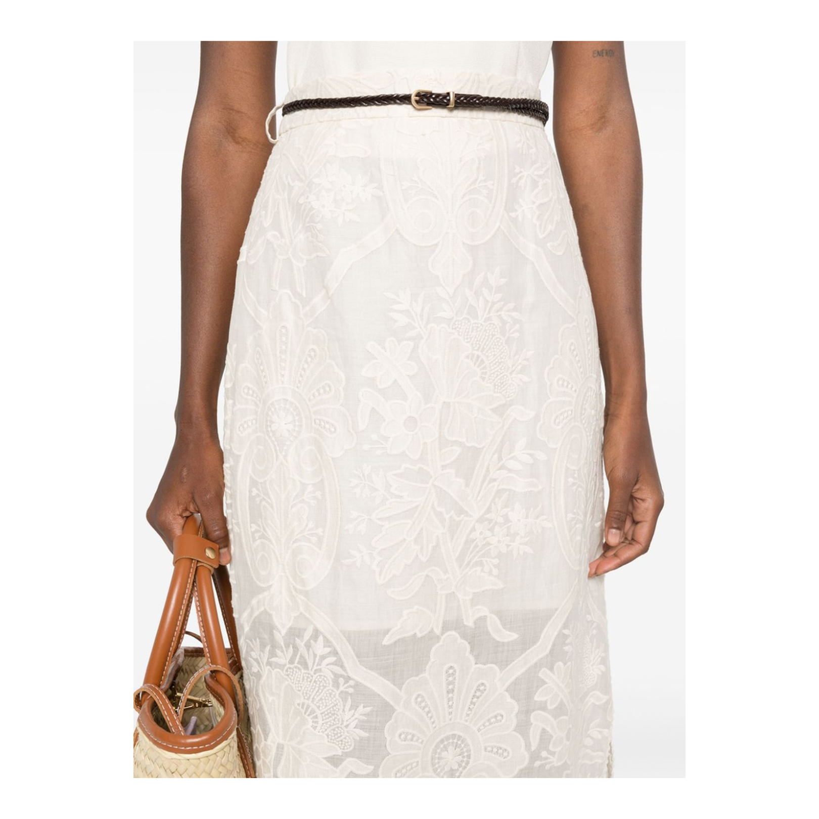 Embroidered Linen Midi Skirt