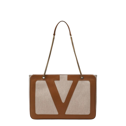 Medium-Sized Bag in Natural Canvas and Brown Leather