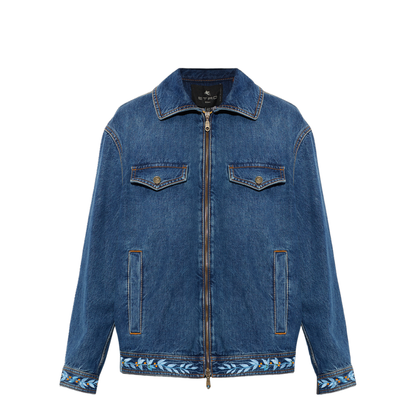 Embroidered Zipped Denim Jacket - Blue