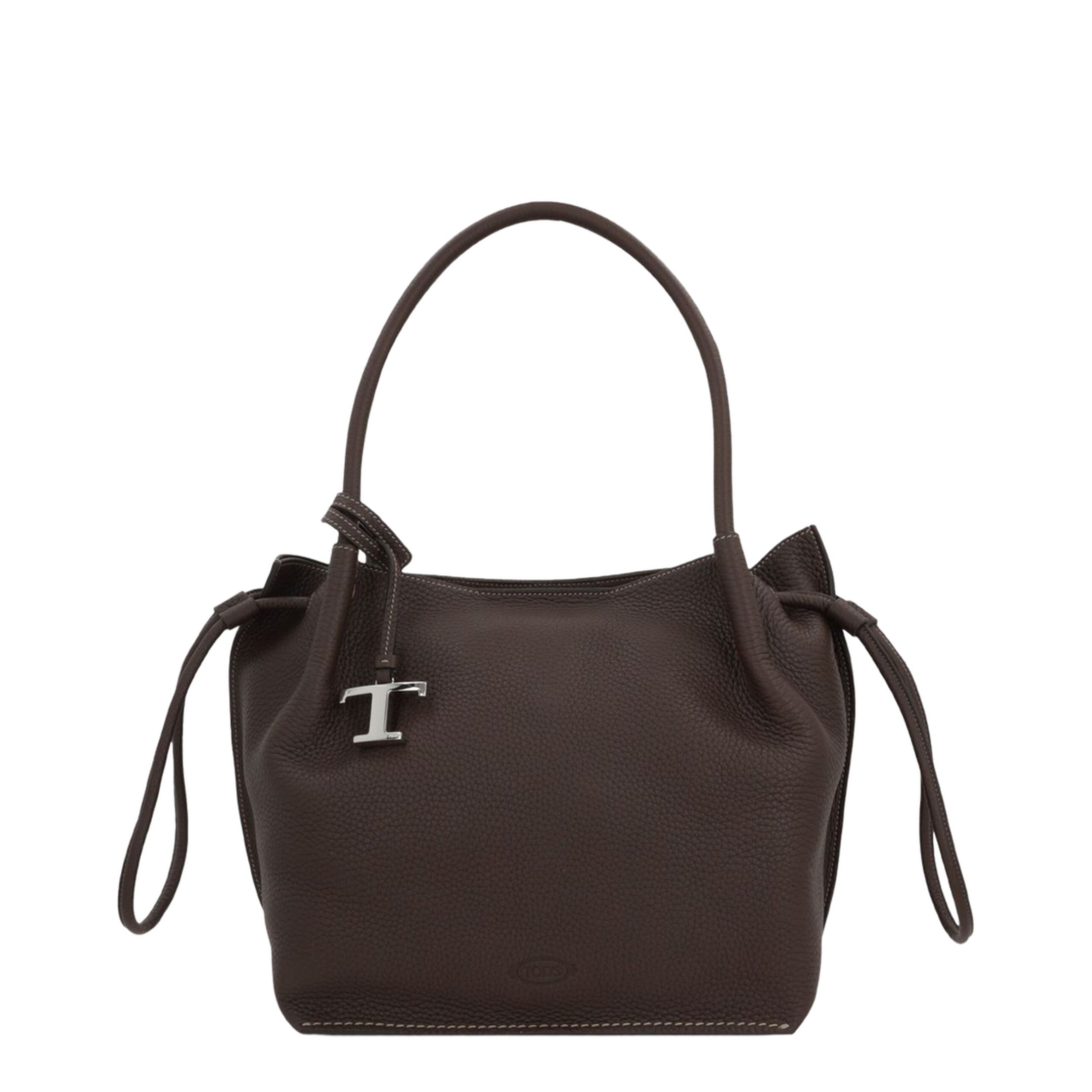 Chocolate Brown Leather Drawstring Closure Bag